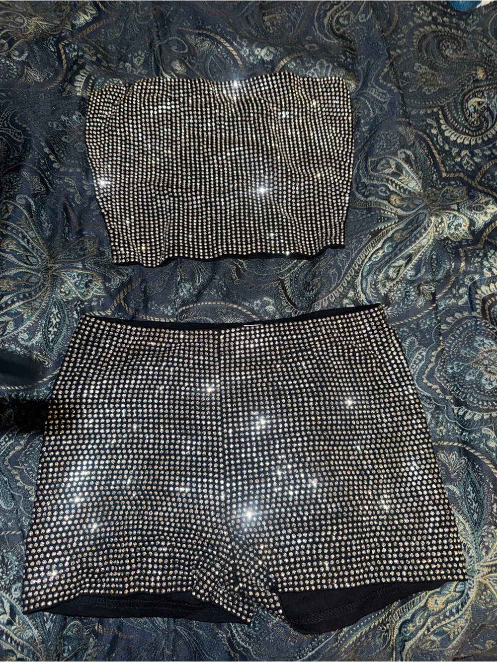 Rhinestone Embellished Two-Piece Set - Black & Silver
